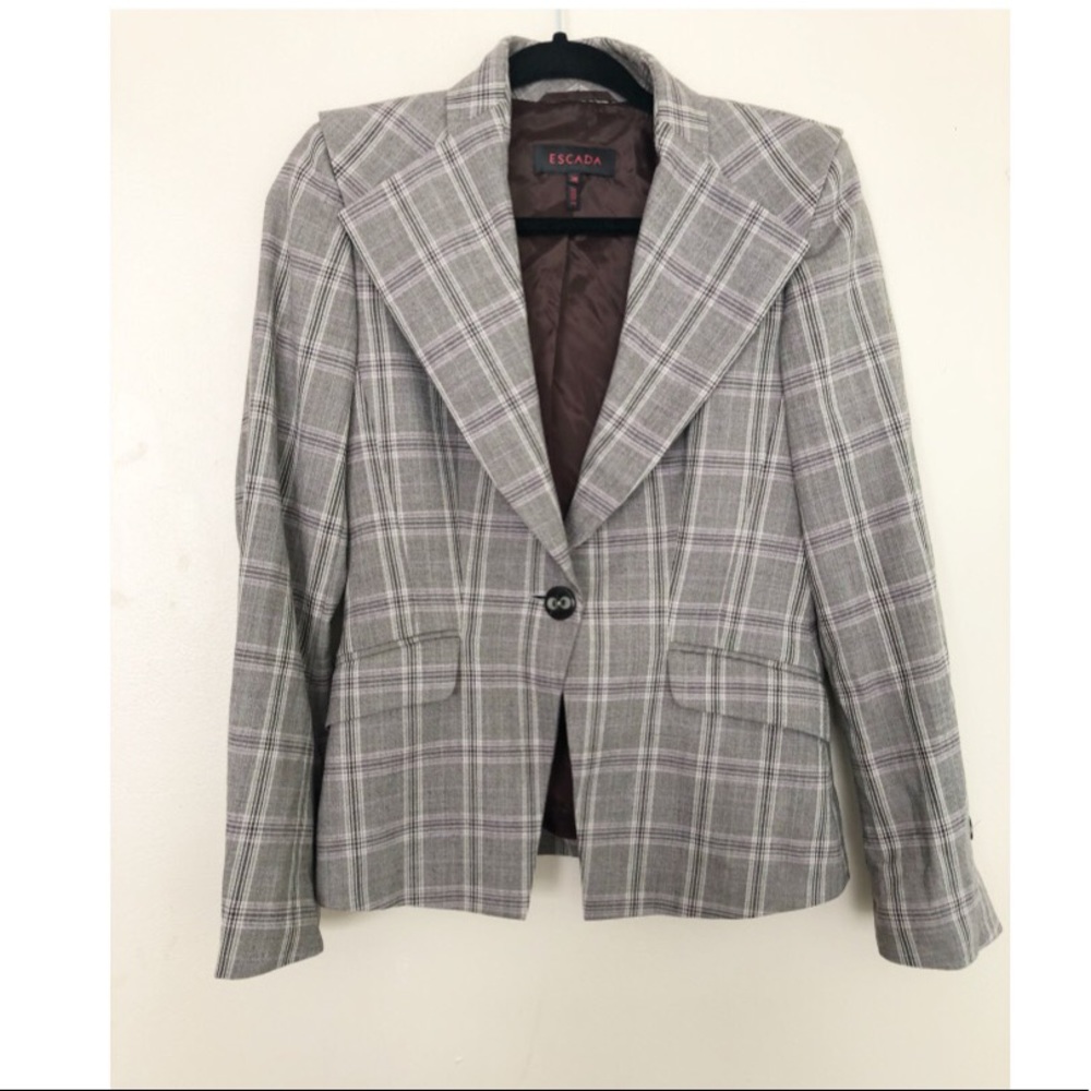 Escada Plaid Peak Lapel Virgin Wool Stretch Blazer